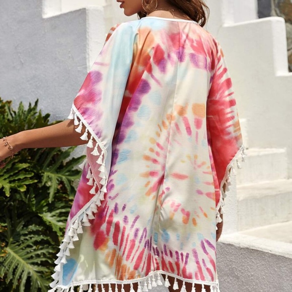 Boho Pink Tie Dye Tassel Beach Cover Up - Picture 3 of 5